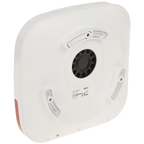 The image shows the back view of a white, square-shaped electronic device with rounded edges, featuring mounting brackets and a central circular component. The device is designed for secure installation, with visible screw holes and a smooth, modern finish.