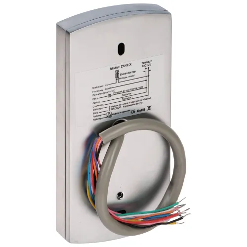 The image shows a metallic access control panel with a set of multicolored wires extending from the back. The panel features printed technical specifications and is designed for secure installation in electronic systems.
