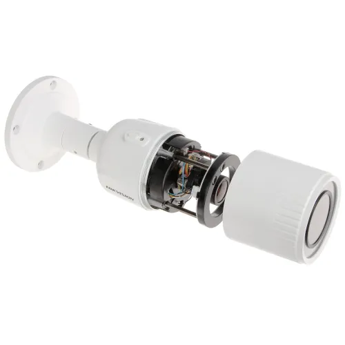 The image shows a disassembled white security camera, revealing its internal components and wiring. The camera features a cylindrical design with a mounting bracket for easy installation.