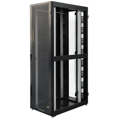 A black, open-frame server rack with perforated side panels and no rear cover, designed for efficient airflow and easy access. The rack features adjustable mounting rails and a sturdy construction suitable for various IT equipment.