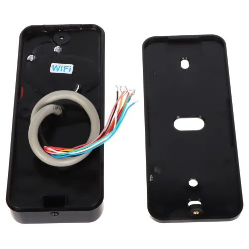 The image shows the interior of a black electronic device housing with a visible WiFi module and multicolored wiring. The housing is open, displaying the internal components and the separate back cover.