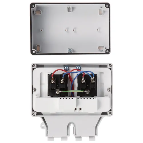 The image shows an open electrical enclosure with a removable lid, revealing internal wiring and terminal blocks. The enclosure is designed for organizing and protecting electrical connections, featuring a durable plastic construction.