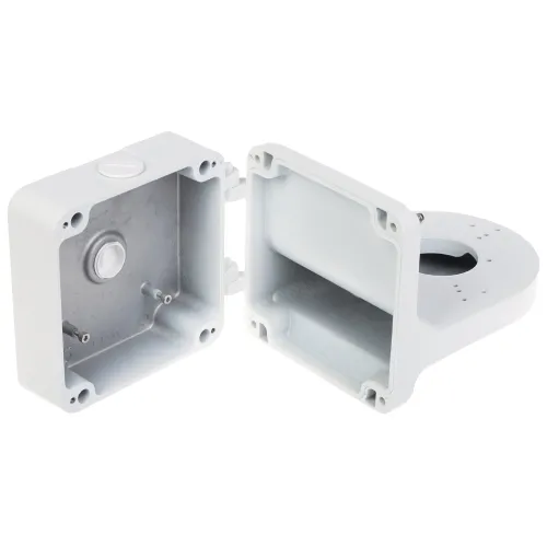 The image shows a two-part, white, rectangular electrical junction box with a circular opening on one side. The interior features mounting points and a sealed entry for wiring, designed for secure and organized electrical connections.