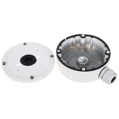 The image shows a round, white metal junction box with a removable lid, designed for secure cable management and protection. The interior features multiple mounting points and a cable entry gland for easy installation.