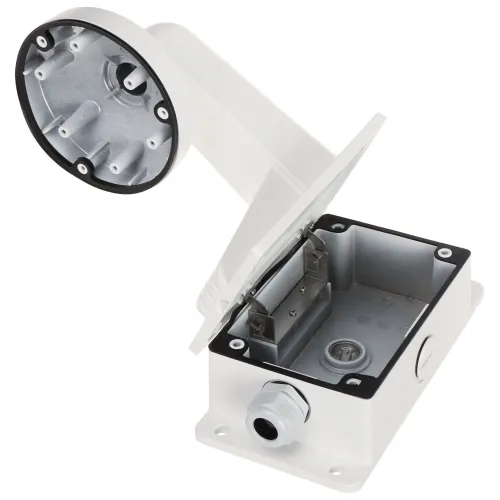 The image shows a white, wall-mounted camera bracket with an integrated junction box, designed for secure and organized cable management. The bracket features multiple mounting points and a weather-resistant enclosure for outdoor use.