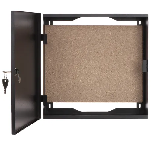 A black metal enclosure with a hinged door is shown open, revealing a spacious interior with a wooden back panel. The door features a secure locking mechanism with two included keys.