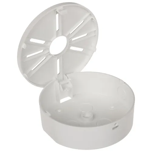 A round, white plastic enclosure with a hinged lid is shown open, revealing multiple slots and mounting points inside. The design is suitable for housing electronic components or wiring connections.