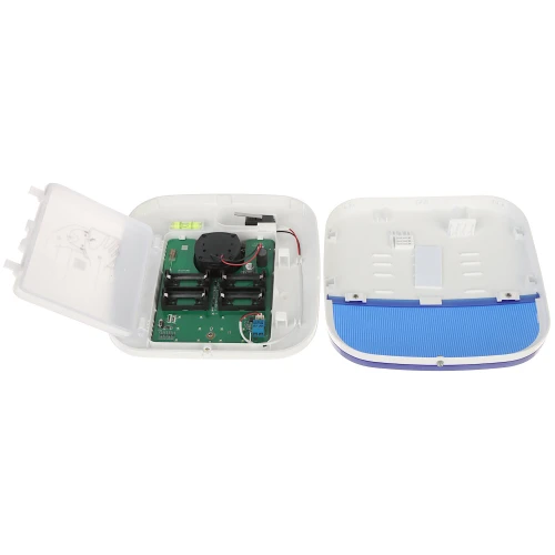 The image shows an open electronic enclosure with a visible circuit board and battery compartments inside. The outer casing is white with a blue accent, designed for housing electronic components securely.