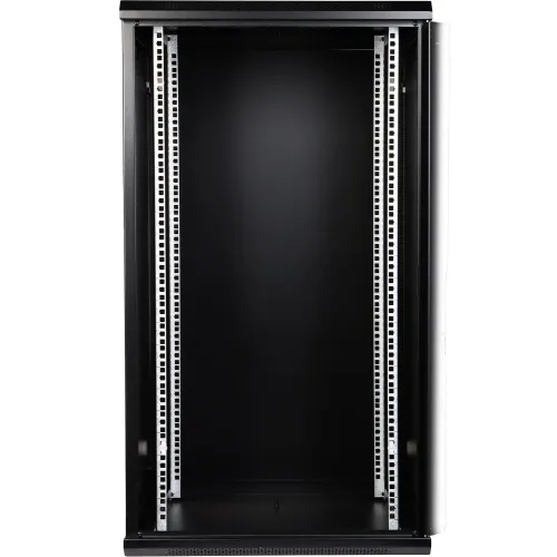 Black server rack cabinet with a sleek design, featuring adjustable vertical mounting rails. The cabinet provides ample space for organizing and securing network equipment.