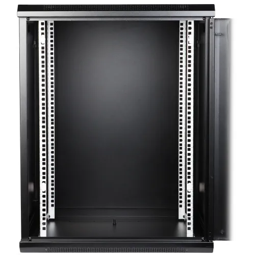 The image shows a black, wall-mounted server rack cabinet with a glass front door and vented sides for optimal airflow. It features adjustable mounting rails and a sturdy construction, ideal for organizing and securing networking equipment.