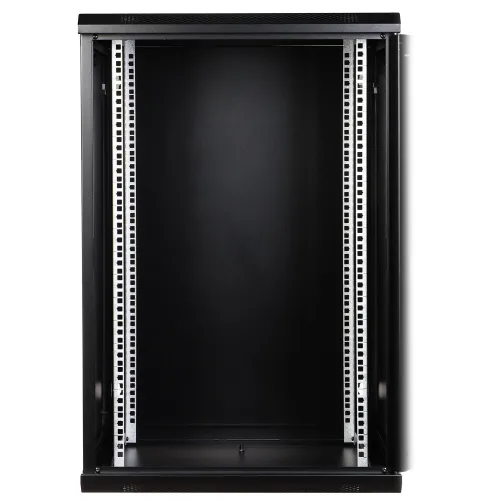 The image shows a black, wall-mounted server rack cabinet with a sleek design and open front. It features adjustable vertical rails and ventilation slots on the top and bottom for efficient cooling.
