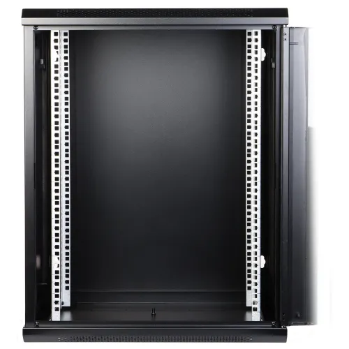 A black metal server rack cabinet with a sleek, open-front design and adjustable mounting rails. The cabinet features ventilation slots on the top and bottom for optimal airflow.