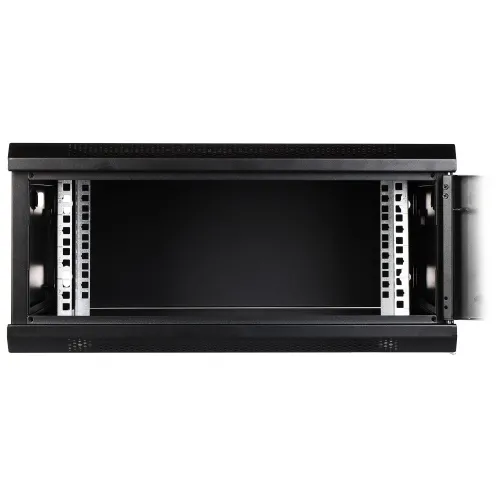 The image shows a black metal rack mount enclosure with an open front, designed for housing electronic equipment. It features adjustable vertical rails and ventilation slots on the sides for efficient cooling.