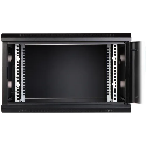 The image shows a black wall-mounted server rack cabinet with a sleek, open-front design and perforated sides for ventilation. It features adjustable mounting rails and a lockable door for secure equipment storage.