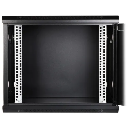 The image shows a black, wall-mounted server rack cabinet with a glass front door and vented side panels for optimal airflow. It features adjustable mounting rails and a spacious interior for organizing network equipment.