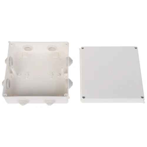 The image shows a white plastic electrical junction box with multiple cable entry points and a detachable lid. The box is designed for organizing and protecting electrical connections in various installations.