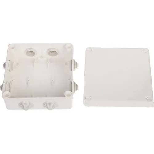The image shows a white, square electrical junction box with multiple entry points for wiring, designed for indoor use. The box is open, displaying its interior with mounting points, and the lid is placed beside it.