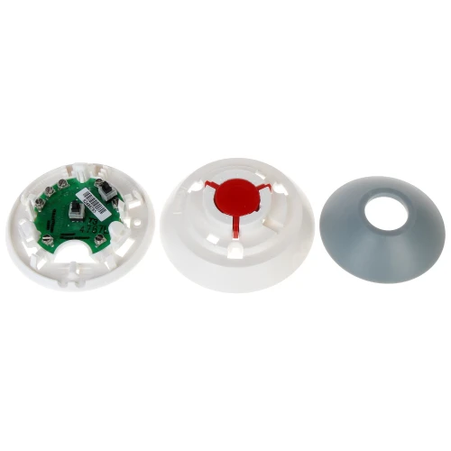The image shows a disassembled smoke detector with three main components: a circuit board with connectors, a white plastic base, and a gray cover. The red button in the center of the base is prominently visible, indicating a reset or test function.