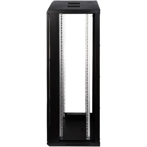 A tall, black server rack is shown from the side, featuring an open frame design without side panels or a rear cover. The structure includes vertical mounting rails with perforations for adjustable equipment installation.