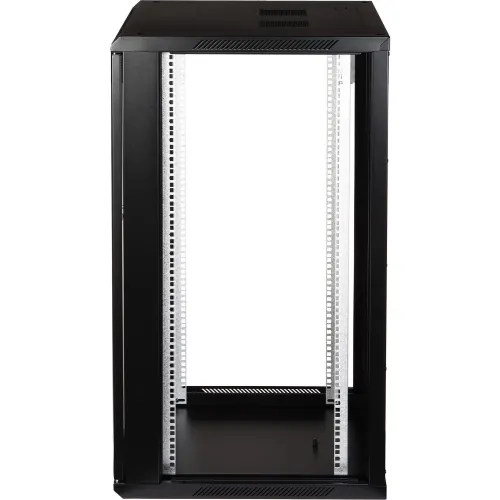 The image shows a black, open-frame server rack cabinet without side panels or a rear cover, designed for efficient cooling and easy access to equipment. It features a sturdy metal construction with adjustable mounting rails for versatile equipment installation.