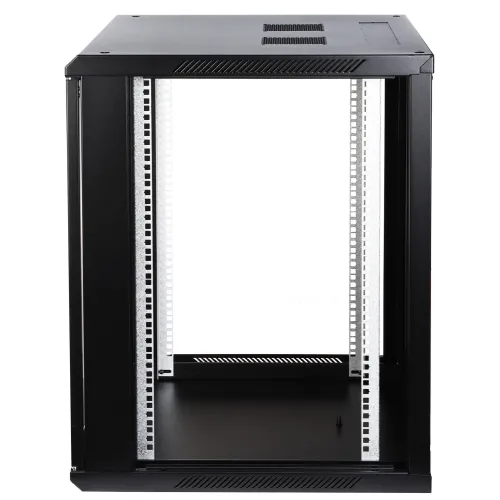 Black metal server rack with an open front and top ventilation slots. The rack features adjustable mounting rails and a sturdy frame for secure equipment installation.