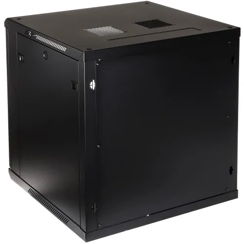 A black, wall-mounted server rack cabinet is shown without its side panels and rear cover, highlighting its sturdy metal construction and ventilation features. The cabinet is designed for efficient cooling and easy access to networking equipment.
