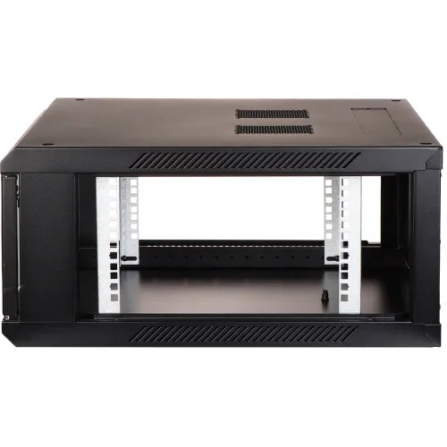 The image shows a black, open-frame wall-mounted server rack with a sturdy metal construction and ventilation slots on the top panel. It features adjustable mounting rails and is designed without side panels or a rear cover for easy access and installation.