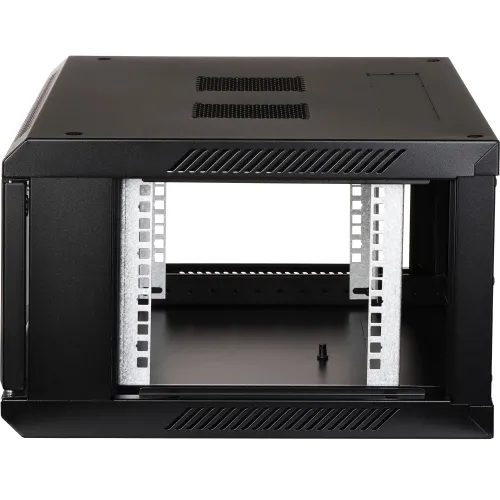 The image shows a black, open-frame server rack with a sturdy metal construction, designed for efficient ventilation and easy access to mounted equipment. It features a sleek, minimalist design with perforated panels on the top for enhanced airflow.