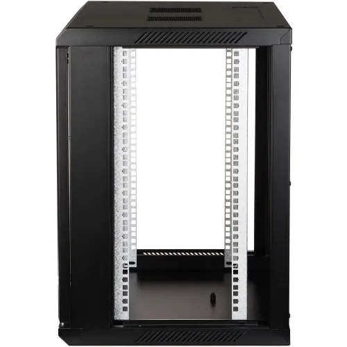 Black metal server rack with an open frame design, featuring vertical mounting rails and a vented top panel. The sides and back are not installed, providing easy access for equipment installation and maintenance.