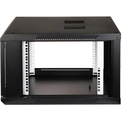 Side view of a black, open-frame wall-mounted server rack without side panels or rear cover. The rack features ventilation slots and adjustable mounting rails for versatile equipment installation.