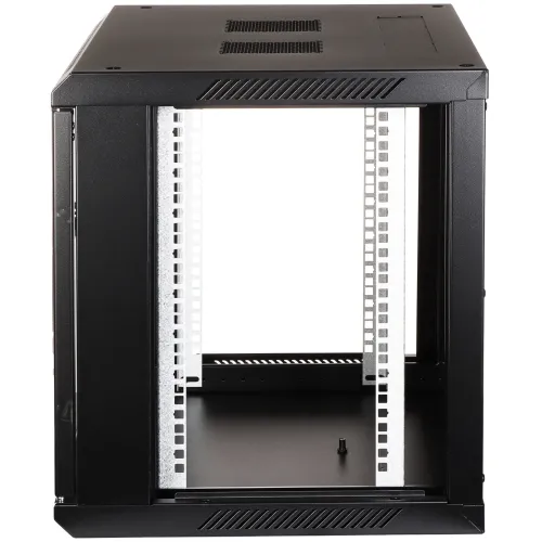 The image shows a black, open-frame server rack with a sturdy metal construction, designed for efficient airflow and easy access to mounted equipment. It features adjustable vertical rails and a top panel with ventilation slots, suitable for various IT and networking applications.