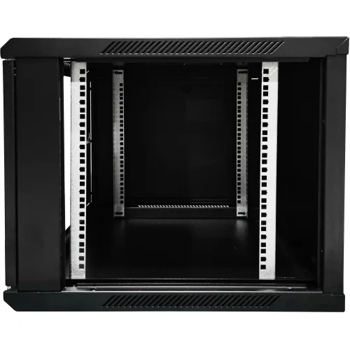 The image shows a black, open-frame server rack with a sturdy metal construction, designed for efficient airflow and easy access to mounted equipment. The rack features adjustable vertical rails and ventilation slots on the top and sides for optimal cooling.