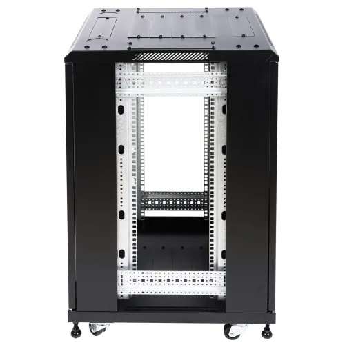 A black, open-frame server rack on wheels, designed for easy access and mobility. The rack features a sturdy metal construction with multiple mounting holes for versatile equipment installation.