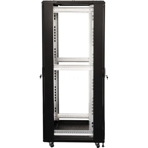 A tall, black server rack with a sturdy metal frame and multiple adjustable mounting rails is shown. The rack is equipped with wheels for easy mobility and features a ventilated top panel for efficient airflow.