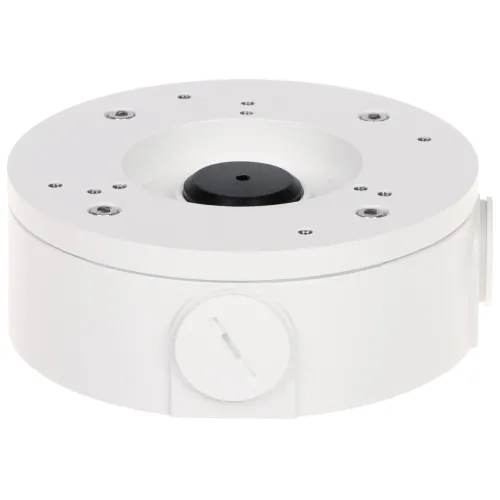 A white, round junction box designed for secure and discreet cable management in surveillance systems. The box features multiple screw holes for easy installation and a sleek, minimalist design.