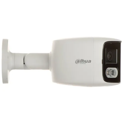 Side view of a sleek, white security camera with a compact design and a prominent lens. The camera features an adjustable mounting bracket and an LED light for enhanced visibility.