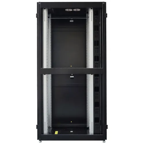 The image shows a tall, black server rack cabinet with an open front, featuring adjustable mounting rails and ventilation slots on the sides. It is designed for organizing and housing network equipment in a secure and efficient manner.