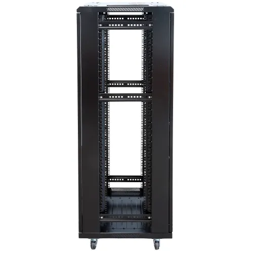 A black, open-frame server rack with adjustable shelves and perforated sides for ventilation. The rack is mounted on wheels for easy mobility and features a sturdy metal construction.