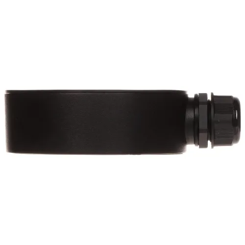 A sleek, black cylindrical device with a smooth finish and a connector on one end. The side view highlights its compact and streamlined design.