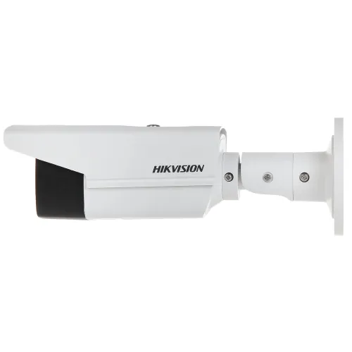 Side view of a white Hikvision security camera with a sleek, cylindrical design and a black front panel. The camera is mounted on an adjustable bracket for versatile positioning.