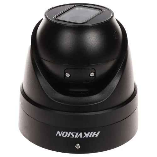 Side view of a black Hikvision dome security camera with a sleek, compact design. The camera features a durable casing and a clear lens for optimal surveillance performance.