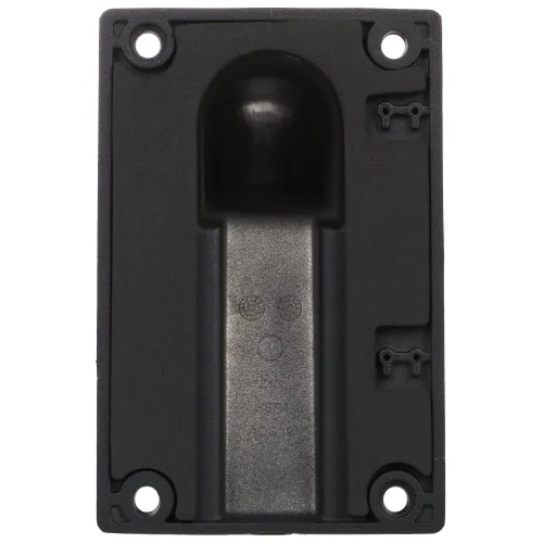 The image shows a black, rectangular electronic device with a smooth, rounded sensor at the top. It features four mounting holes at the corners and a sleek, metallic strip running vertically in the center.