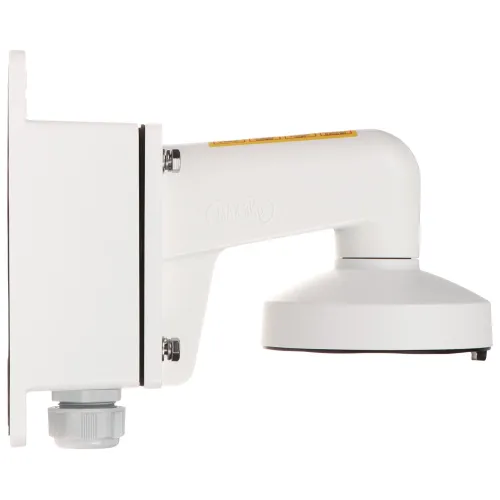 Side view of a white, wall-mounted camera bracket with a sturdy, adjustable arm. The bracket features a sleek design with visible mounting hardware and a cable entry point.