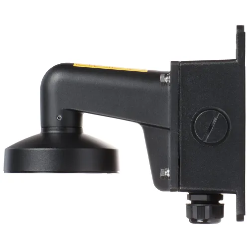 A black wall-mounted bracket designed for securely holding surveillance cameras, featuring a sturdy arm and a sleek finish. The bracket includes a protective cover and multiple mounting points for easy installation.
