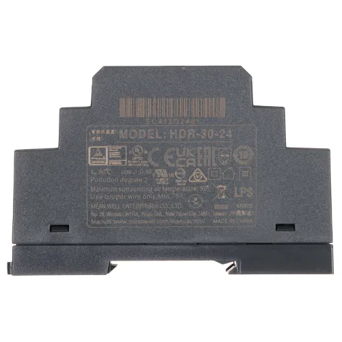 A black industrial power supply unit with detailed specifications and certification logos printed on its surface. The unit features a compact, rectangular design suitable for mounting in electrical panels.