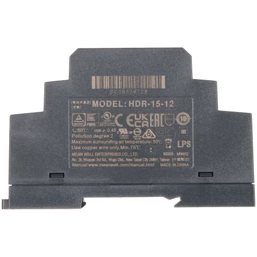 The image shows a Mean Well HDR-15-12 power supply unit with a compact, DIN rail-mounted design. It features various certification marks and specifications printed on its surface, indicating compliance with safety and efficiency standards.