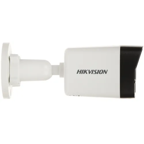 Side view of a white Hikvision security camera with a black front, mounted on a wall bracket. The camera features a sleek, rectangular design suitable for outdoor surveillance.