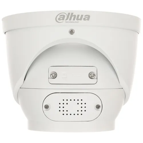 A white Dahua Technology security camera with a dome-shaped design is shown from the side. It features a reset button and ventilation holes on its base.