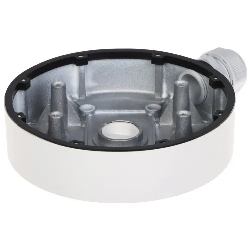 The image shows a round, metallic junction box with a white exterior and a gray interior, designed for secure electrical connections. It features multiple mounting points and a side conduit entry for easy installation.