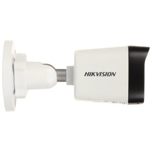 Side view of a white Hikvision security camera with a black front cover and a mounting bracket. The camera features a sleek, rectangular design suitable for outdoor surveillance.